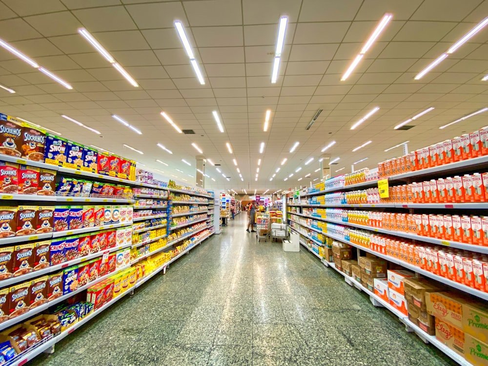 Shelves stocked with groceries inside the shop